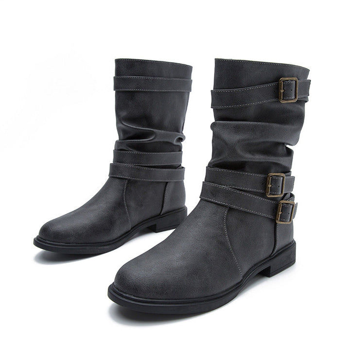 Women's buckle straps slouchy mid calf motorcycle boots Fall winter low heel biker boots
