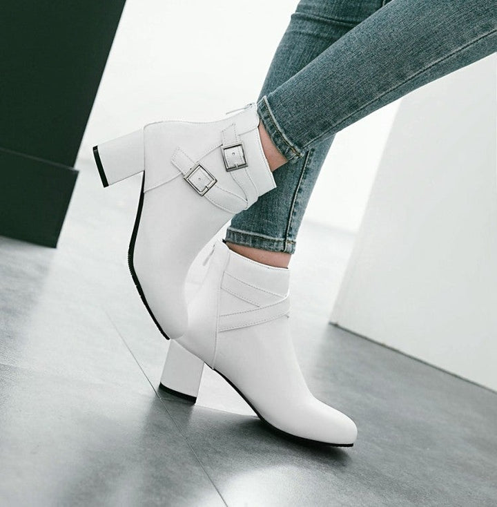 Criss buckle strap block heel ankle boots with side zipper