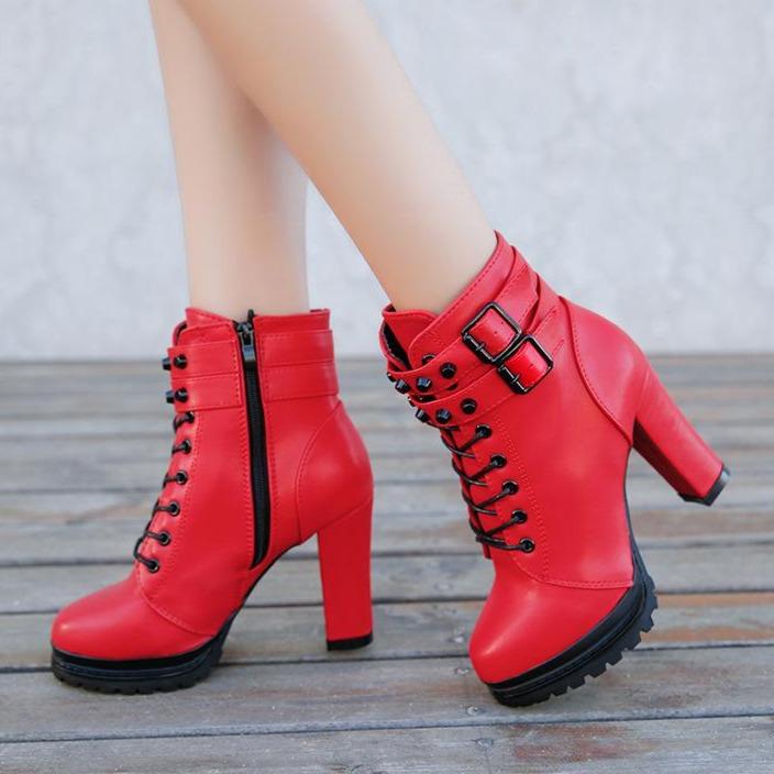 Women's chunky high heel buckle strap combat boots