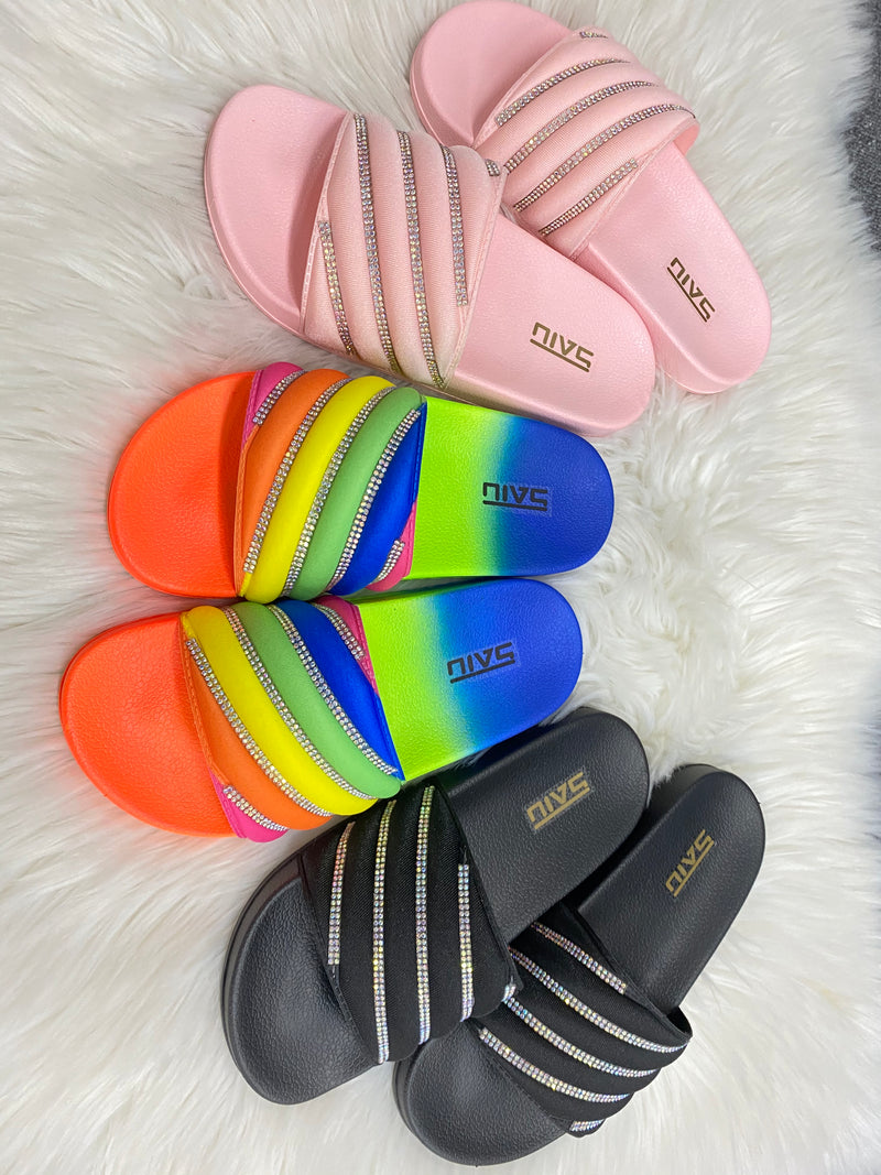 Women Rainbow Rhinestone Wide Slide Sandals