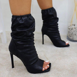 Women's square peep toe elastic stiletto mid calf slouch boots for party