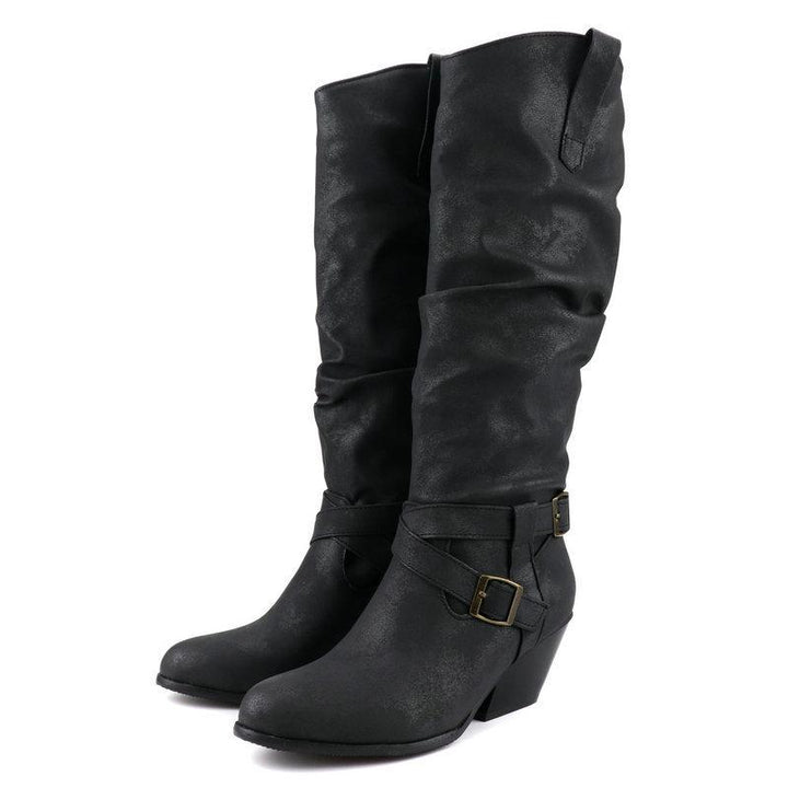 Retro buckle strap slouch boots for women