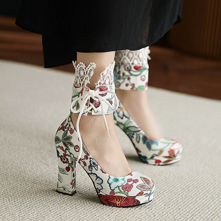 Elegant flower embroidery chunky high heels pumps Lace stitching ankle wrap wedding party bridal pumps