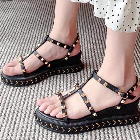 Women studded strappy buckle summer leather wedge sandals