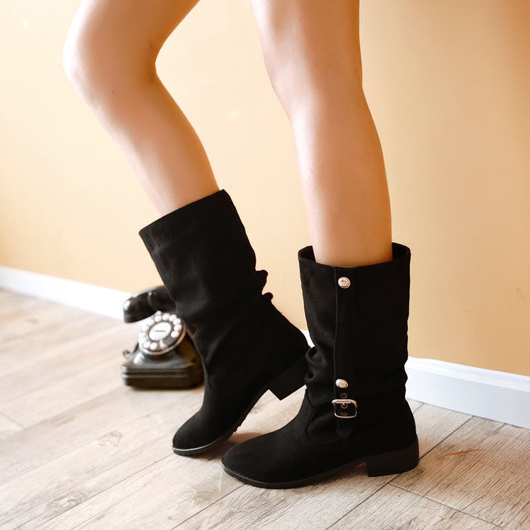 Low heel mid calf slouch boots slip on mid calf boots