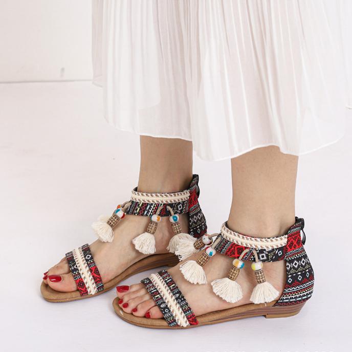 Women's boho beads poms sandals flat beach sandals