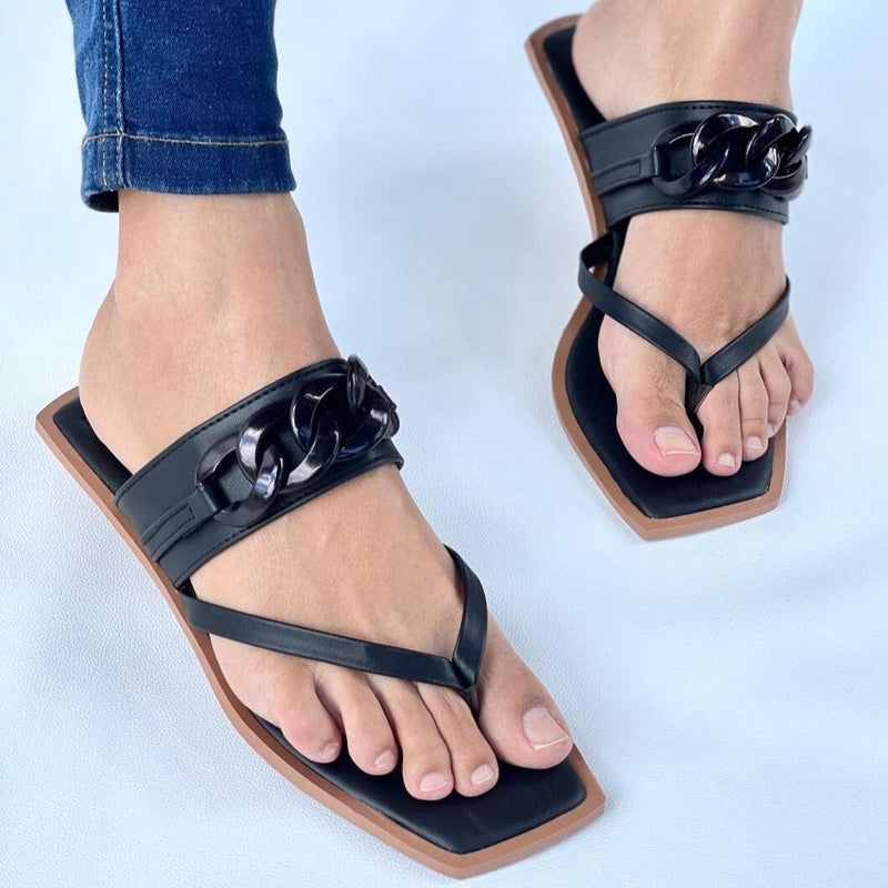 Women's metal chains square toe clip toe flat beach slides summer slippers
