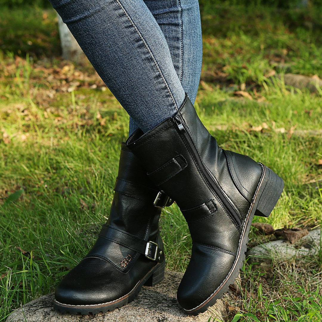 Autumn new casual round head Mid calf biker boots