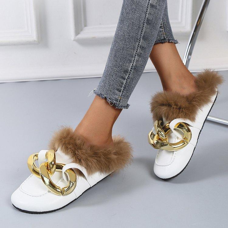 Women winter fuzzy warm slippers closed toe flat mules shoes
