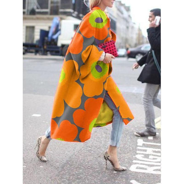 Women colorful print patterned long trench coat loose fit chunky outerwear