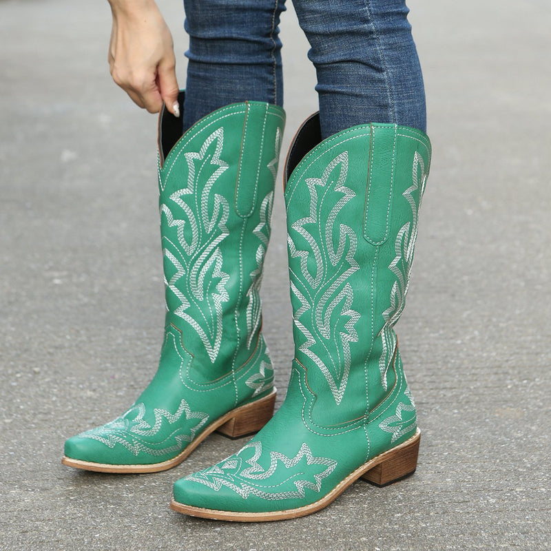 Women's flower embroidery mid calf cowboy boots