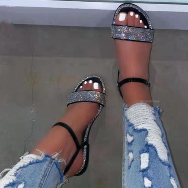 Women's flat rhinestone sandals cute slip on flat sandals