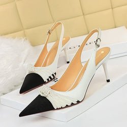 Pearls bowknot pointed toe slingback pumps | Elegant banquet evening heels
