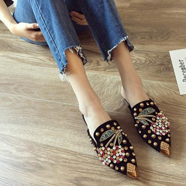 Women's rhinestone spikes pointed closed toe flat mules