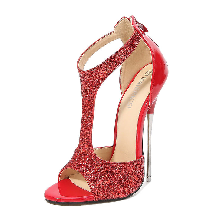 Sexy rhinestone glitter T-strap peep toe stiletto heels pom party banquet dress heels