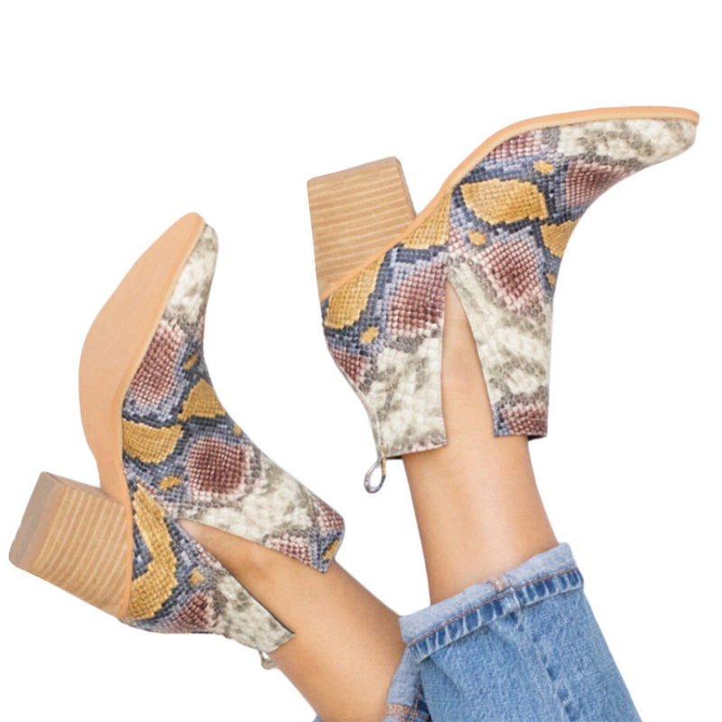 Women's snakeskin print side v cut chunky block heel booties slip on stacked heel ankle boots