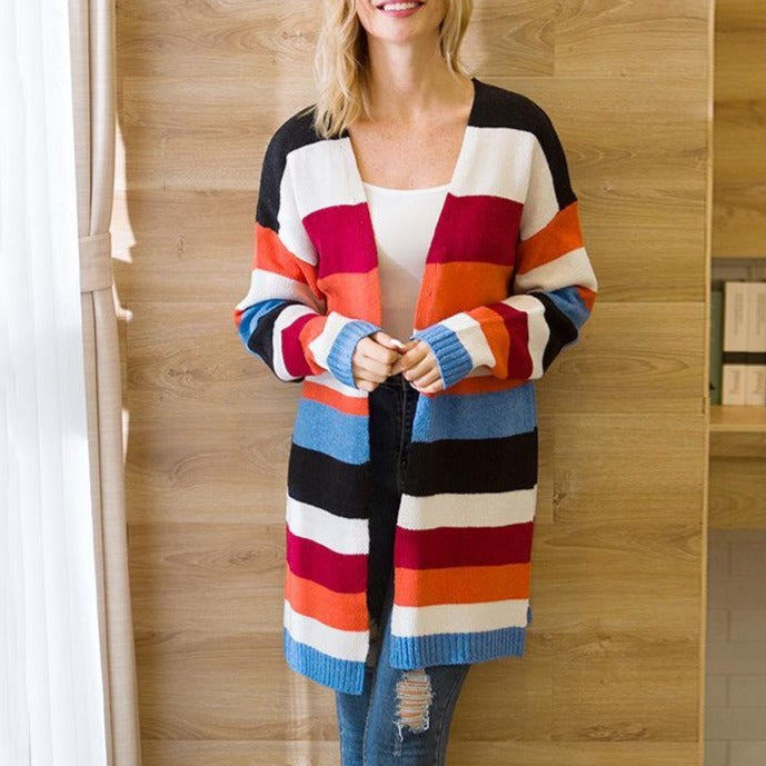 Women Color Block Stripes Long Cardigan - fashionshoeshouse