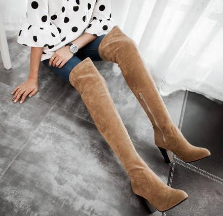 Women's faux suede chunky high heel thigh high boots | Elastic over the knee boots