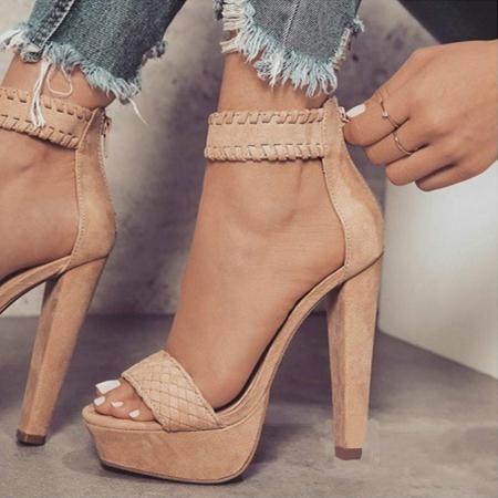 Women woven straps peep toe platform chunky high heels
