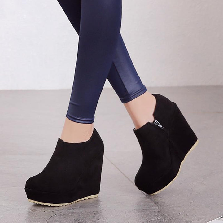 Wedge heel ankle boots side zip slip on round toe boots