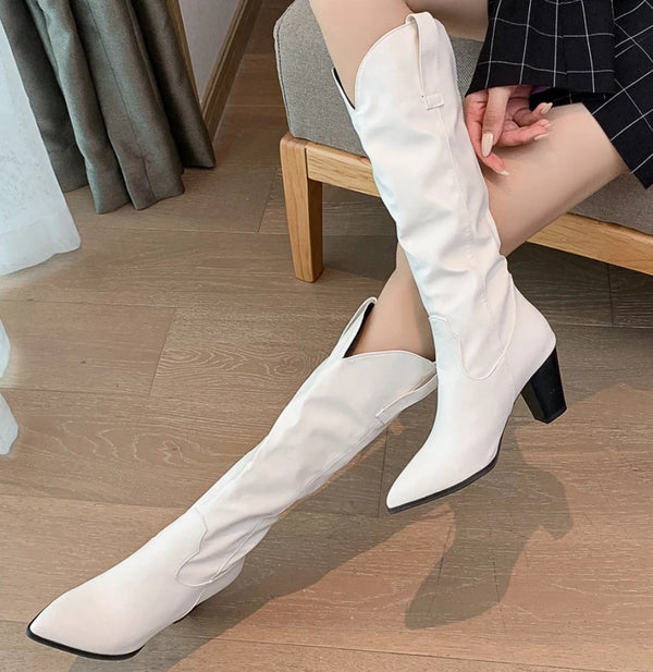 Women's slip on chunky high heels knee high boots