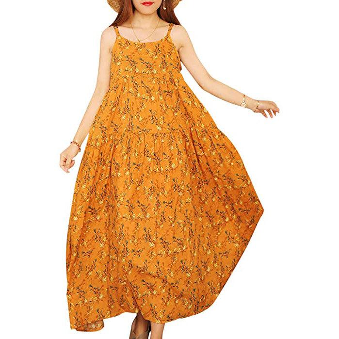 Women's bohemian floral print spaghetti strap maxi dress summer beach swing dress