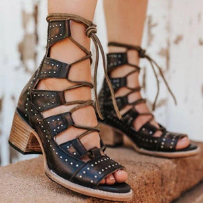 Women's chunky block heel peep toe front lace sandals