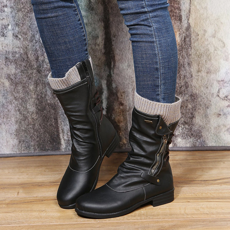 Women sweater cuff mid calf slouch boots low heel biker boots
