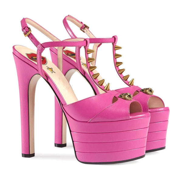 Rivets T-strap thick platform stiletto heels | peep toe ankle strap fashion show high heels