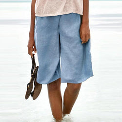 3XL Bohemia Plus Size Wide Leg Blue Short Pants For Women - fashionshoeshouse