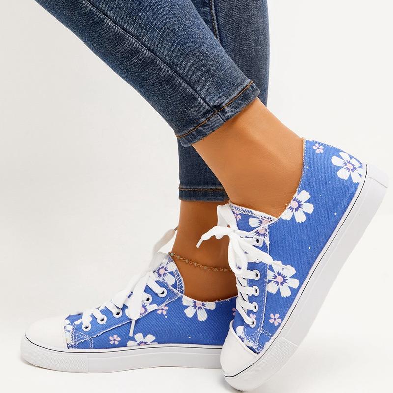 Flower print blue green lace-up canvas shoes summer casual shoes