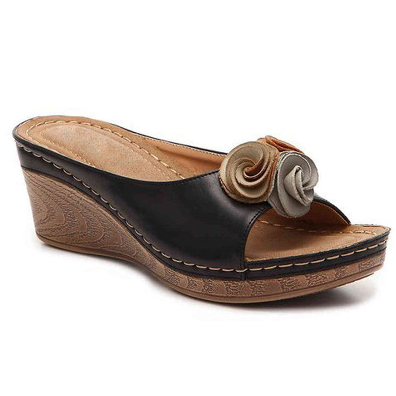 Women's flower decoration peep toe wedge heels slides | Backless summer outdoors slippers