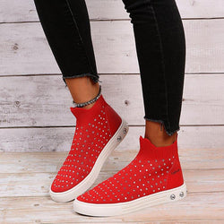 Rhinestone stretchy sock sneakers slip on round toe casual shoes