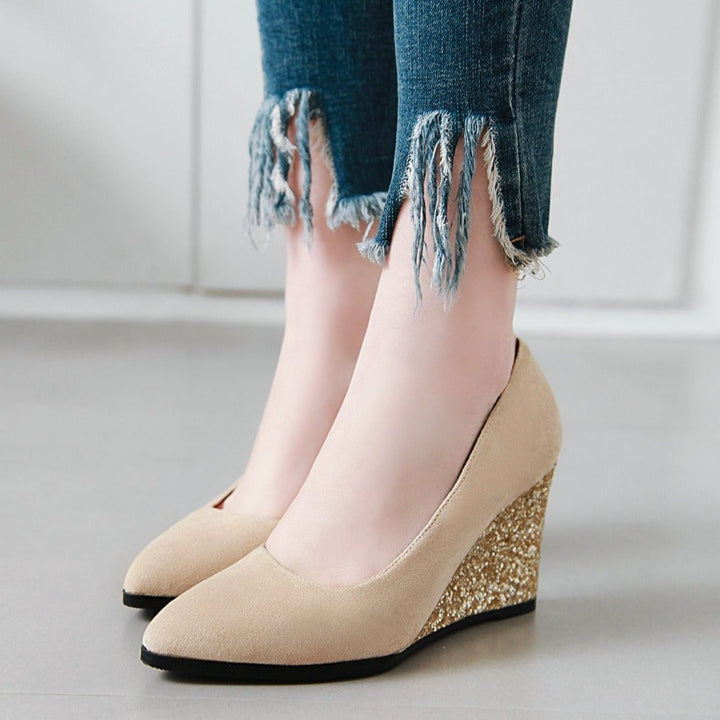 Sequin wedge pointed closed toe chunky heels
