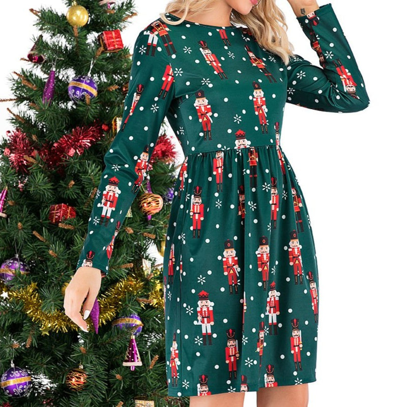 Women's cute printed swing Christmas dress long sleeve Christmas dress