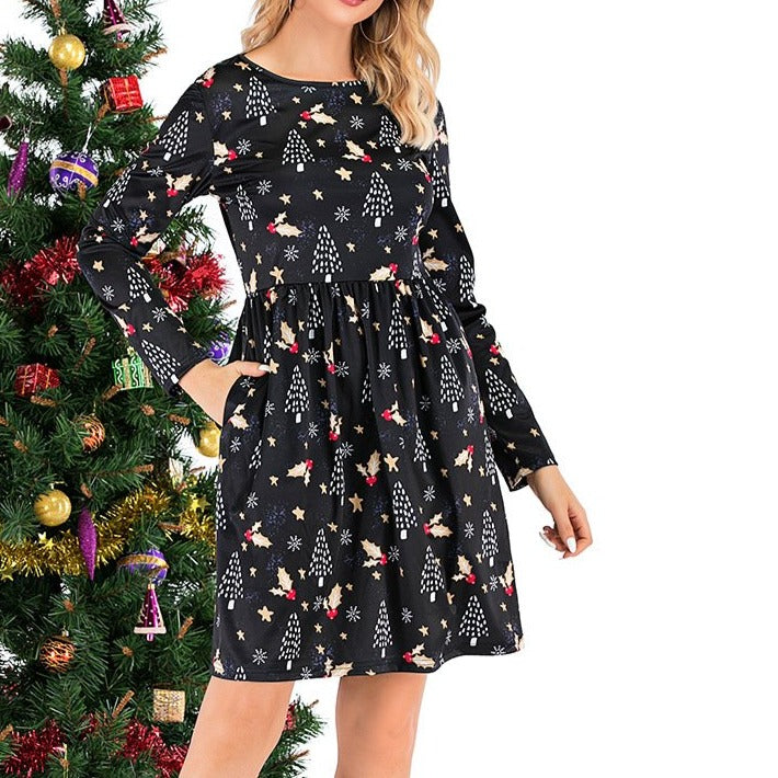 Women's cute printed swing Christmas dress long sleeve Christmas dress