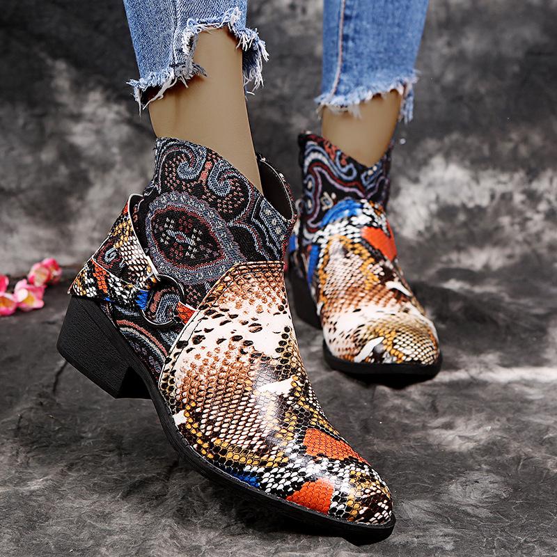 Women's retro printed ankle boots chunky low heel zipper boots