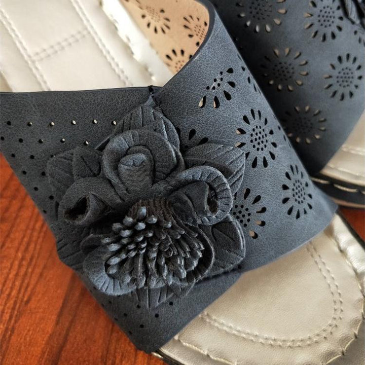 Women's retro flower arch support low wedge slide sandals