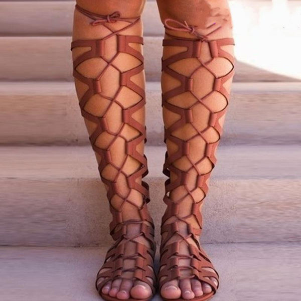 Women's flat knee high criss cross strappy gladiator sandals