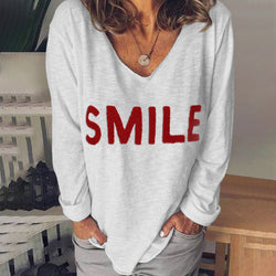 Women V Neck Long Sleeve Letters Printe Embroidered Top