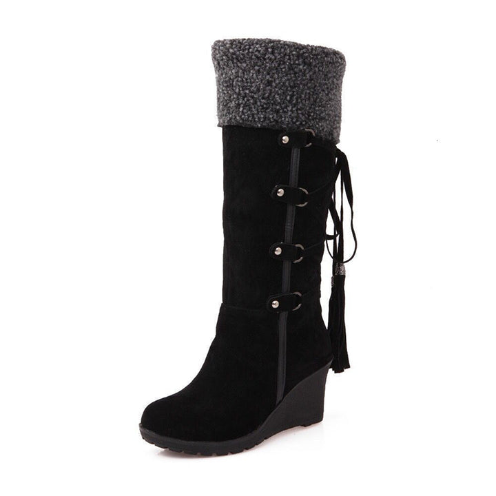 Women knee high wedge snow boots back lace plush lining warm winter boots