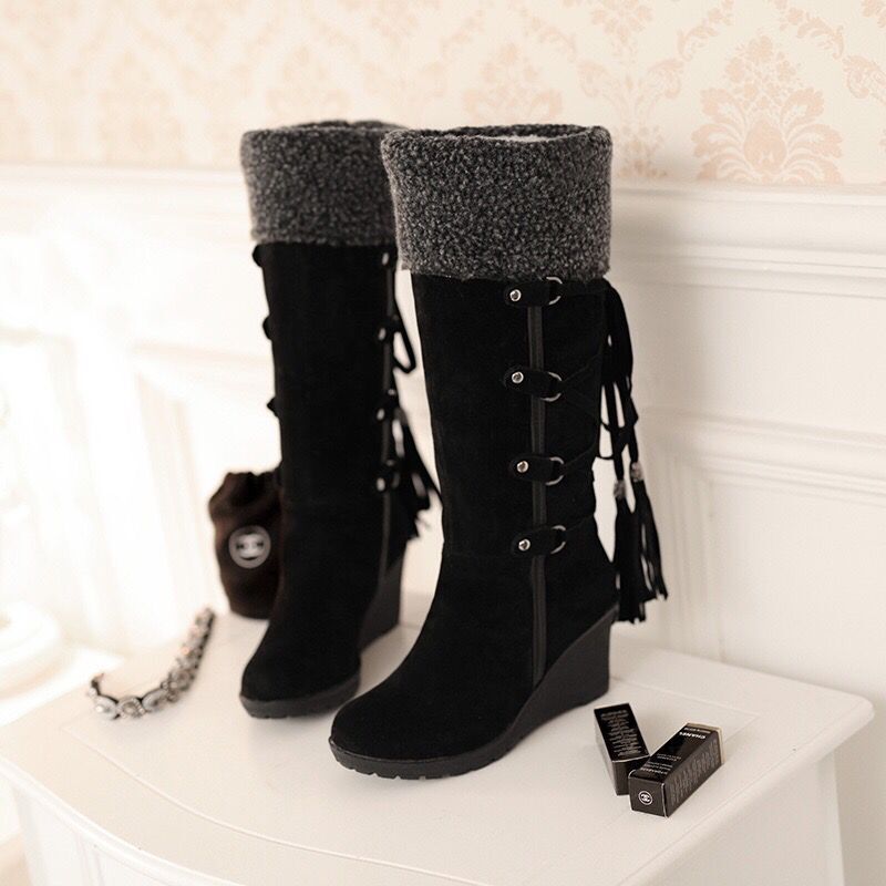 Women's knee high wedge snow boots back lace sweater boots