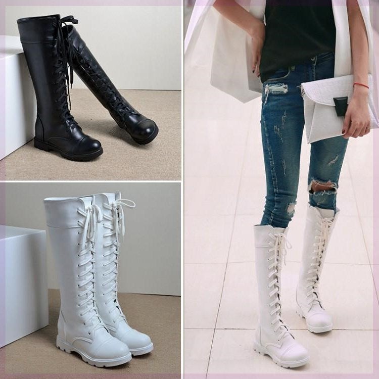 Women's England style retro low-heel lace-up mid calf combat boots