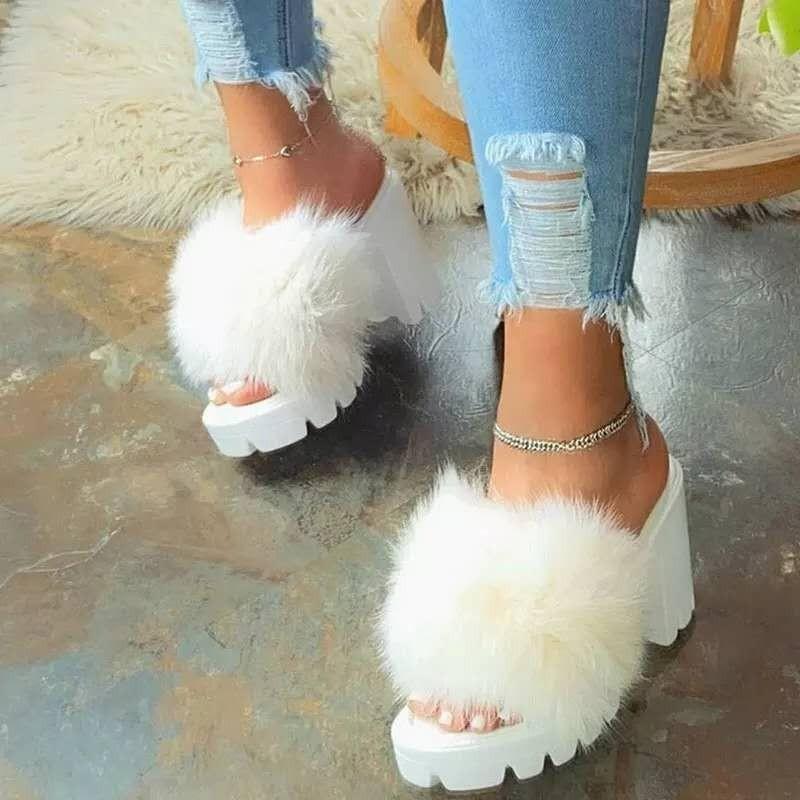 Women's fuzzy platform chunky high heel open toe slide sandals