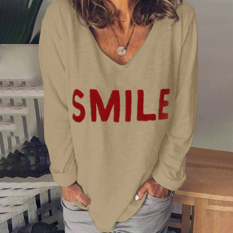 Women V Neck Long Sleeve Letters Printe Embroidered Top