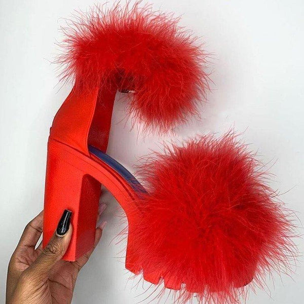 Women's fuzzy platform chunky high heel peep toe sandals