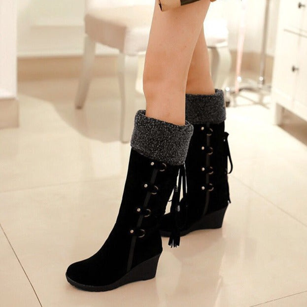 Women's knee high wedge snow boots back lace sweater boots