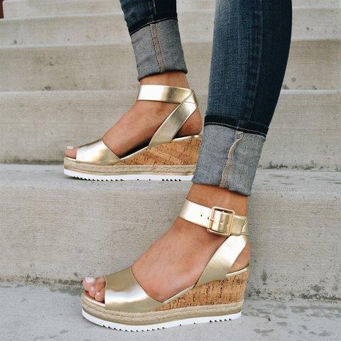 Women Chunky Strappy Adjustable Buckle Wedge Sandals - fashionshoeshouse