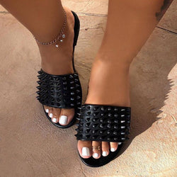 Women Open Toe Rivets Flat Heel Slide Sandals - fashionshoeshouse