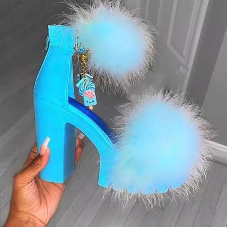 Women's fuzzy platform chunky high heel peep toe sandals